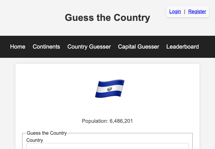 Screenshot of the Countries flag guessing game