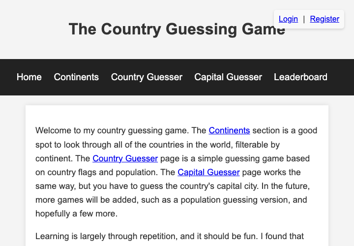 Screenshot of the Countries homepage