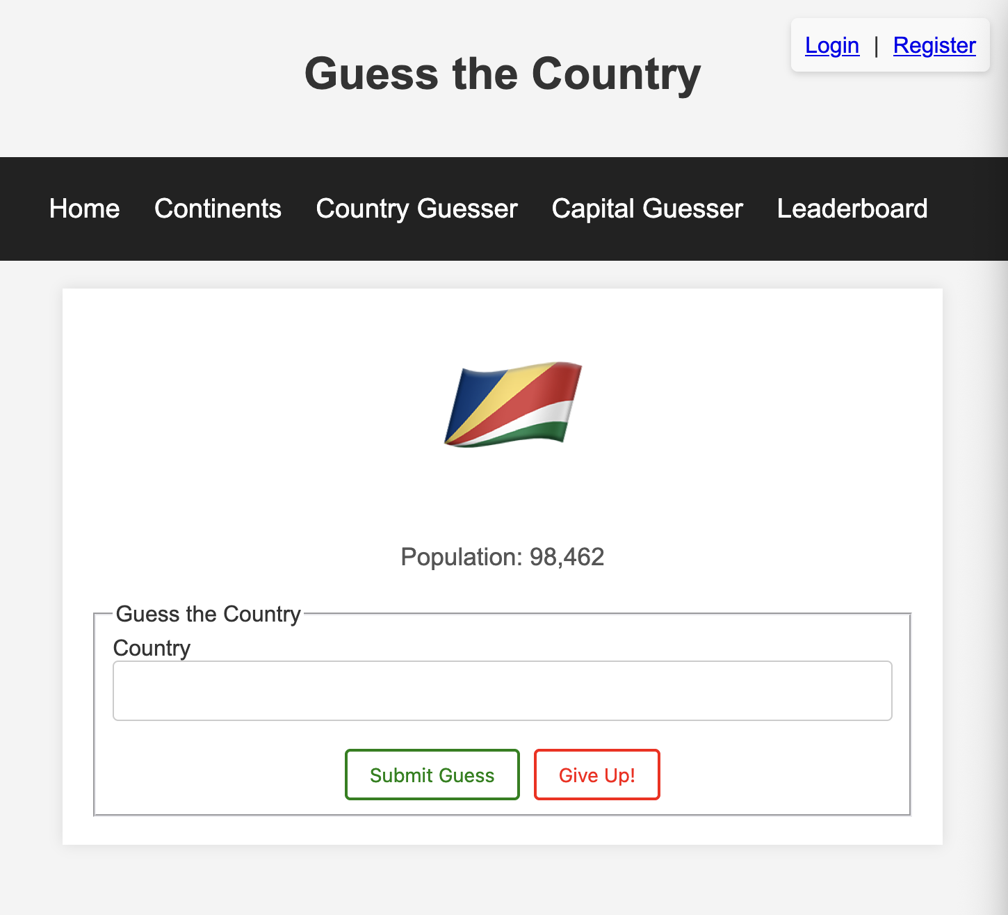A screenshot of the Countries guessing game.