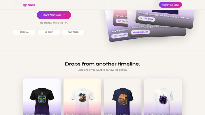 Screenshot of GPTees product drops