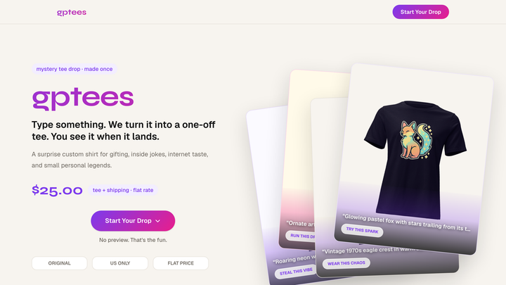 Screenshot of the GPTees storefront